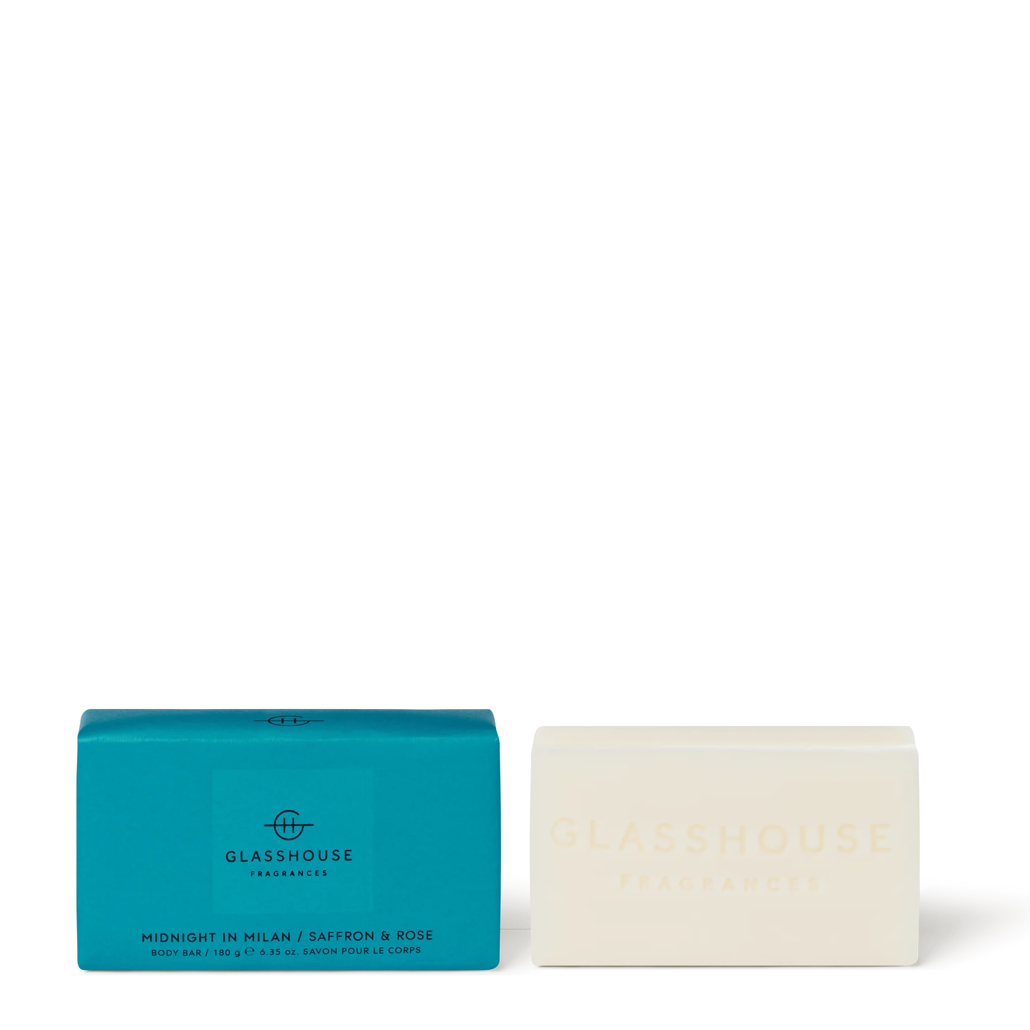 Glasshouse Fragrances Midnight in Milan 180g Body Bar with saffron and rose, shown in teal packaging beside the embossed soap bar.