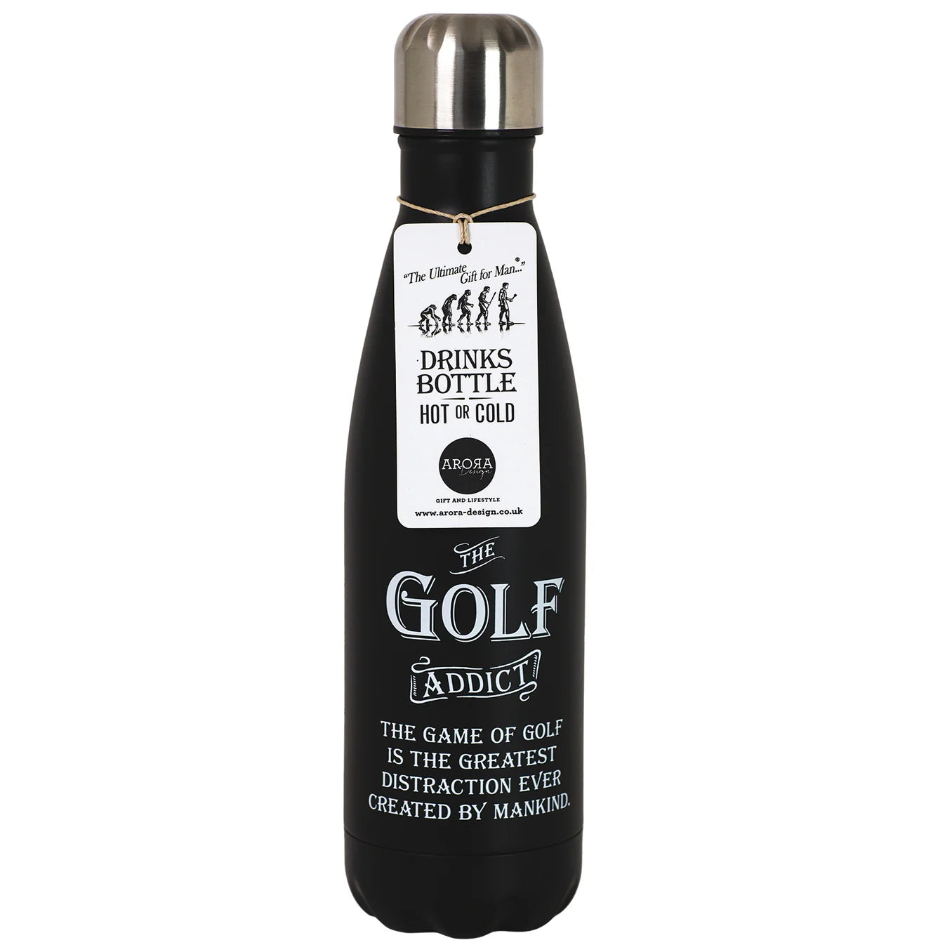 The Golf Addict Drinks Bottle, insulated stainless steel water bottle for hot or cold drinks, black reusable sports bottle gift for golf lovers