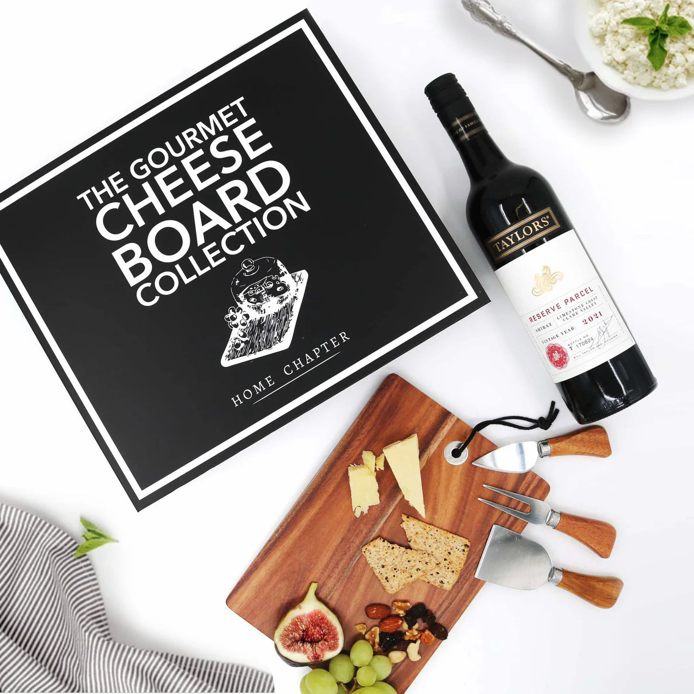 The Gourmet Cheese Board Book Box set with wine and cheese, premium gift collection including serving board and cheese knives