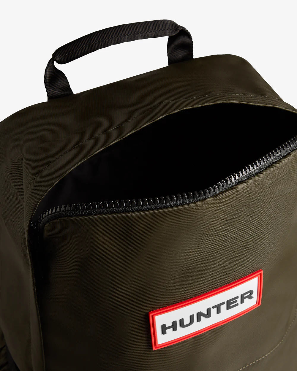 Top view of Hunter Nylon Large Backpack in Dark Olive with zipper detail