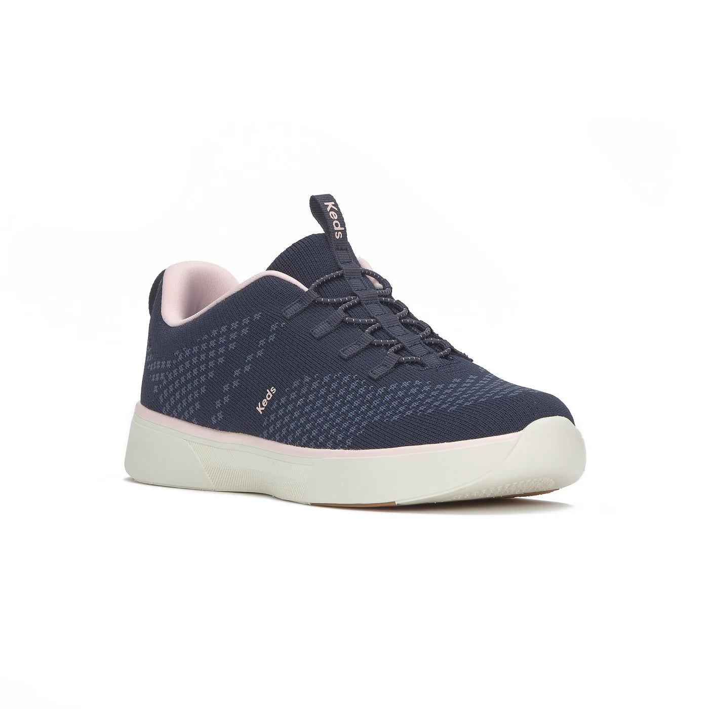 Keds BlissWalk Alt Eng Knit Navy Pink sneakers angled view women’s slip on shoes with soft knit upper cushioned BlissFoam Tech insole lightweight EVA midsole and traction rubber outsole comfortable breathable everyday footwear