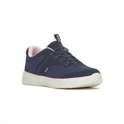 Keds BlissWalk Alt Eng Knit Navy Pink sneakers angled view women’s slip on shoes with soft knit upper cushioned BlissFoam Tech insole lightweight EVA midsole and traction rubber outsole comfortable breathable everyday footwear