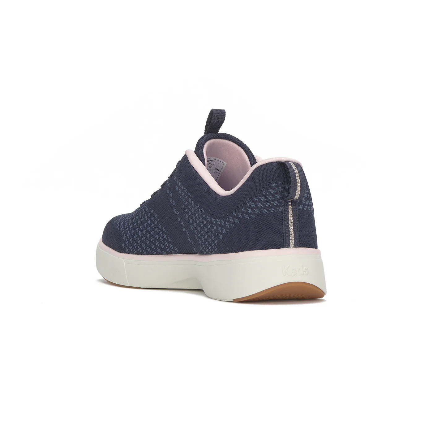 Keds BlissWalk Alt Eng Knit Navy Pink sneakers back angle slip on design with pull tabs cushioned heel and collar lightweight EVA midsole and flexible traction outsole comfortable washable women’s casual sneakers