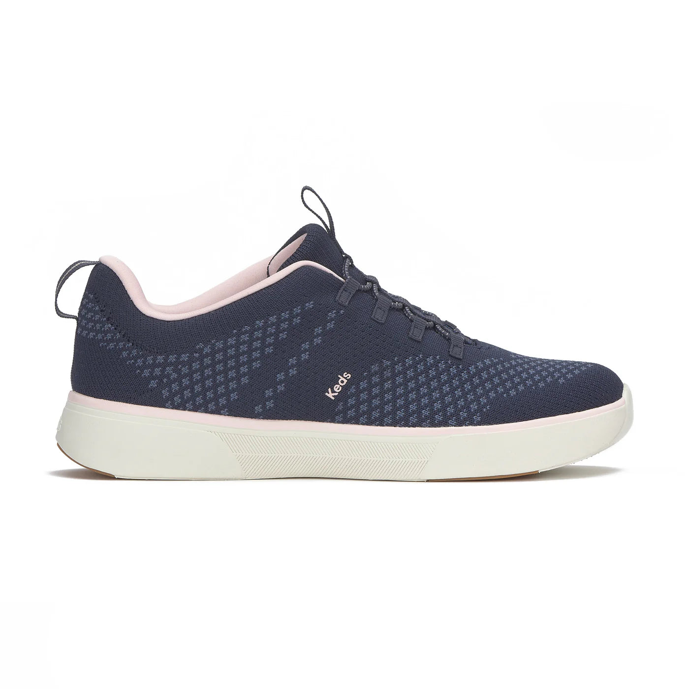 Keds BlissWalk Alt Eng Knit Navy Pink women’s slip on sneakers lightweight engineered knit upper with fixed laces breathable mesh lining cushioned BlissFoam Tech footbed antimicrobial removable insole and flexible rubber outsole washable casual comfort shoes