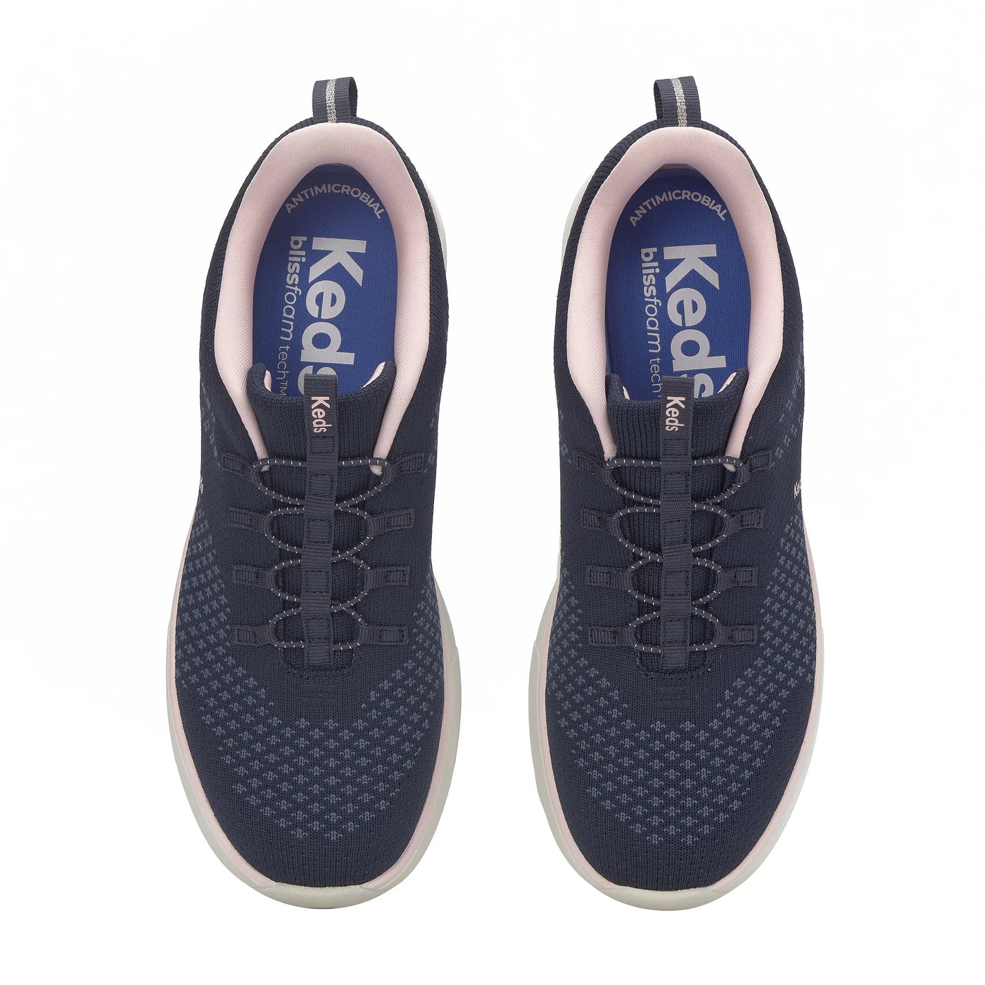 Keds BlissWalk Alt Eng Knit Navy Pink sneakers top view pair of slip on shoes with fixed laces cushioned BlissFoam Tech insole breathable lining antimicrobial removable footbed and lightweight casual comfort design