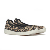 Keds BlissWalk Skimmer Knit Leo Tan Black slip on skimmer sneakers angled view leopard print knit upper lightweight EVA midsole cushioned BlissFoam Tech insole flexible traction outsole comfortable casual women’s fashion shoes