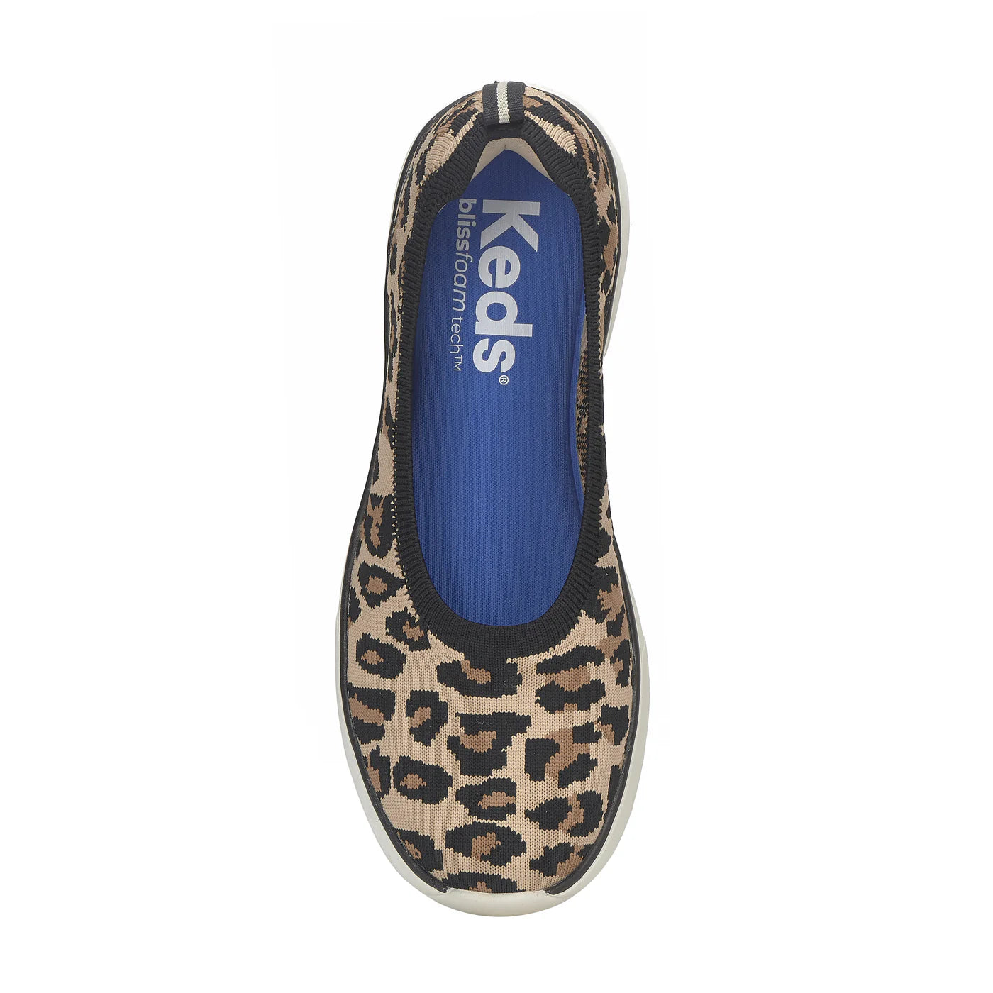 Keds BlissWalk Skimmer Knit Leo Tan Black slip on skimmer sneakers top view leopard print knit upper cushioned antimicrobial BlissFoam Tech insole removable washable lightweight casual women’s flats