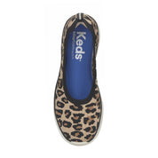 Keds BlissWalk Skimmer Knit Leo Tan Black slip on skimmer sneakers top view leopard print knit upper cushioned antimicrobial BlissFoam Tech insole removable washable lightweight casual women’s flats