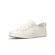 Keds Cruise Leather Egret Gold sneakers side view off white leather lace up shoes with sleek gold accents cushioned comfort footbed and flexible lightweight sole casual everyday women’s footwear