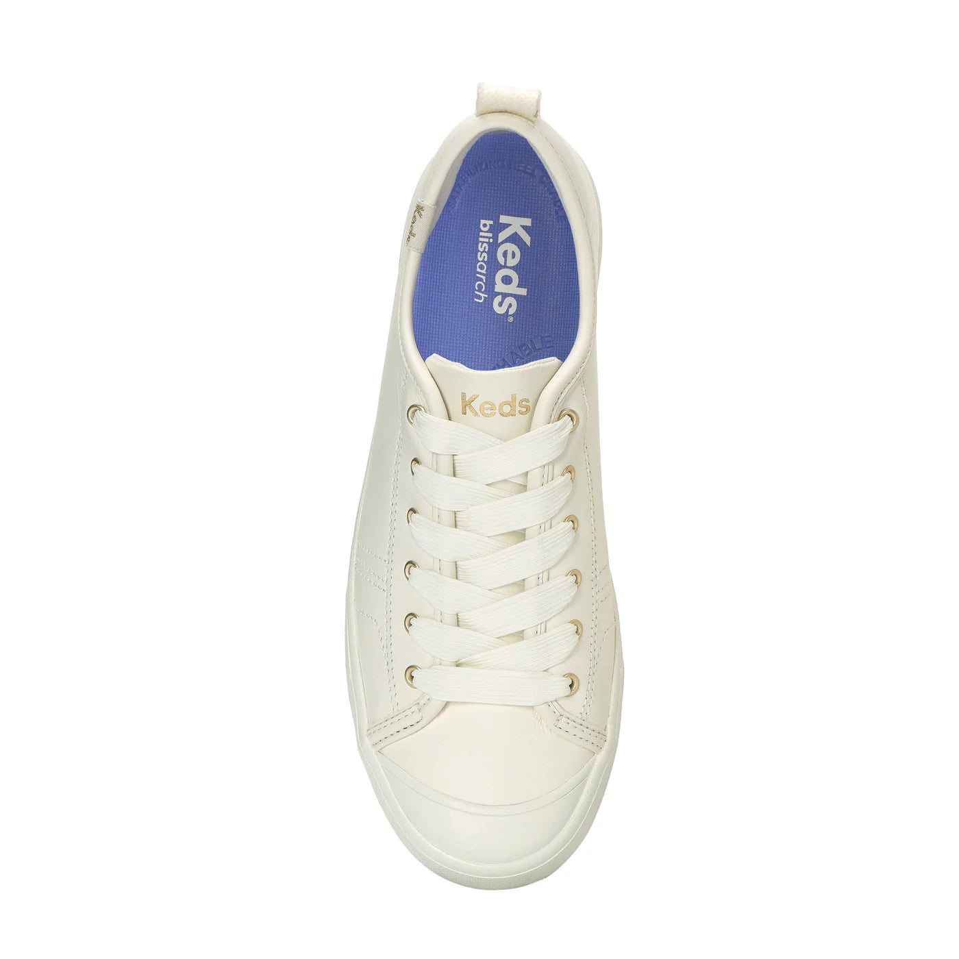 Keds Cruise Leather Egret Gold sneakers top view off white leather lace up shoes with cushioned insole breathable lining and durable rubber sole casual women’s fashion sneaker