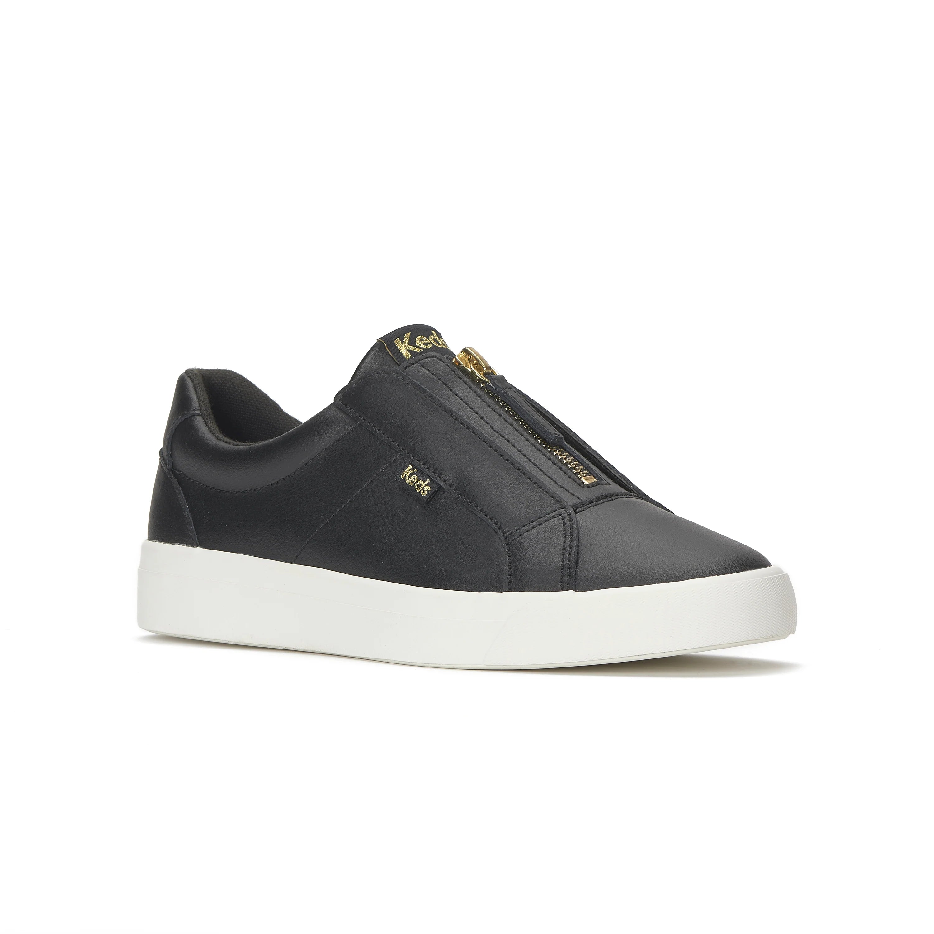 KEDS Pursuit zip leather sneakers in black angled view