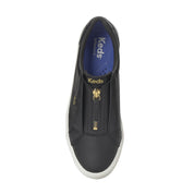 KEDS Pursuit zip leather sneakers in black top view with blue insole