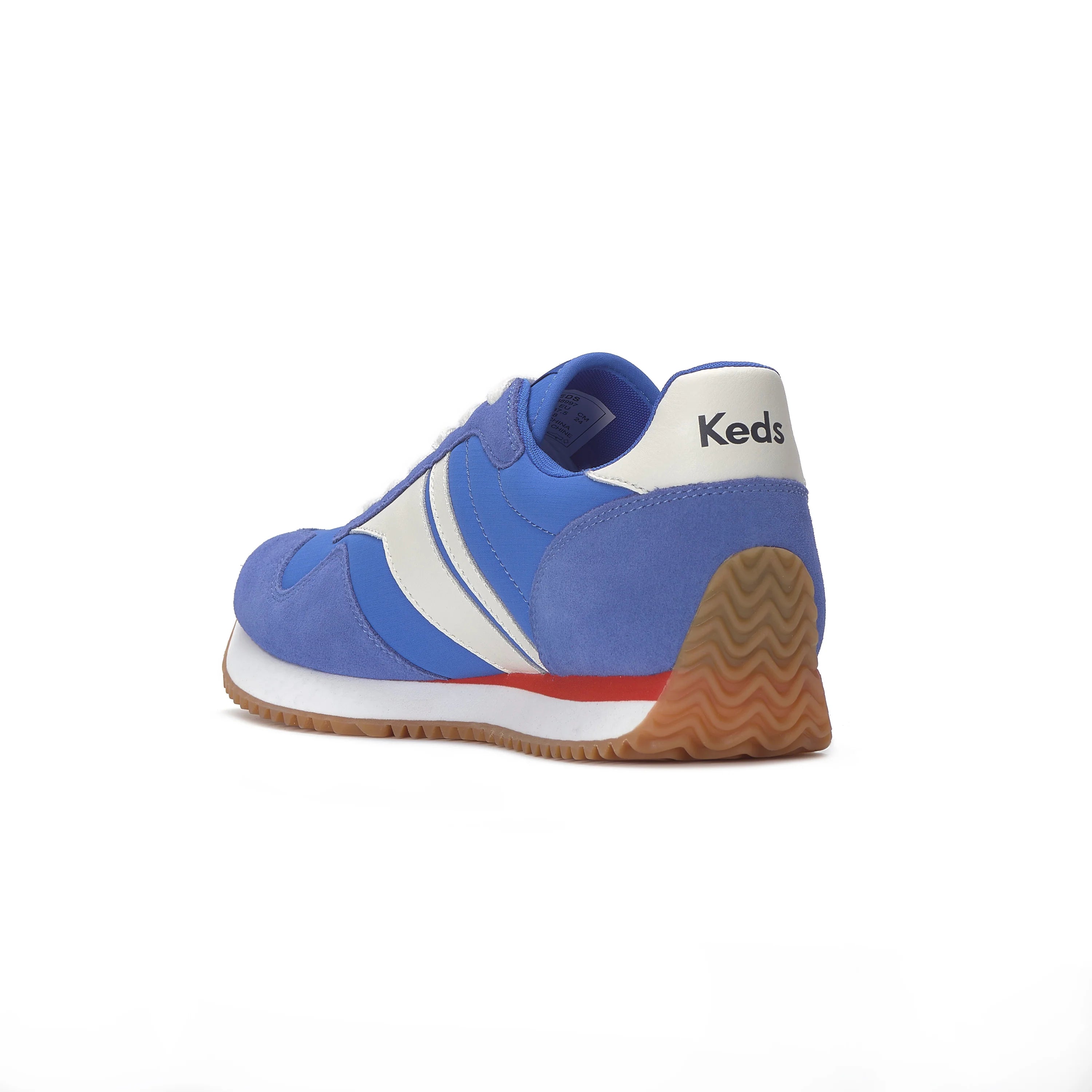 Back angled view of Keds Rena Nylon Suede sneaker in blue and white with gum outsole.