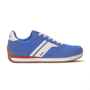Side view of the Keds Rena Nylon Suede sneaker in blue with white stripes, red midsole accent, and gum sole.