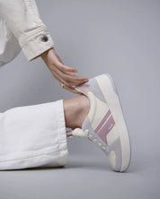 Keds The Court II leather suede grey mauve sneakers close up on foot showing comfortable cushioned sole and lace up design stylish casual women’s footwear
