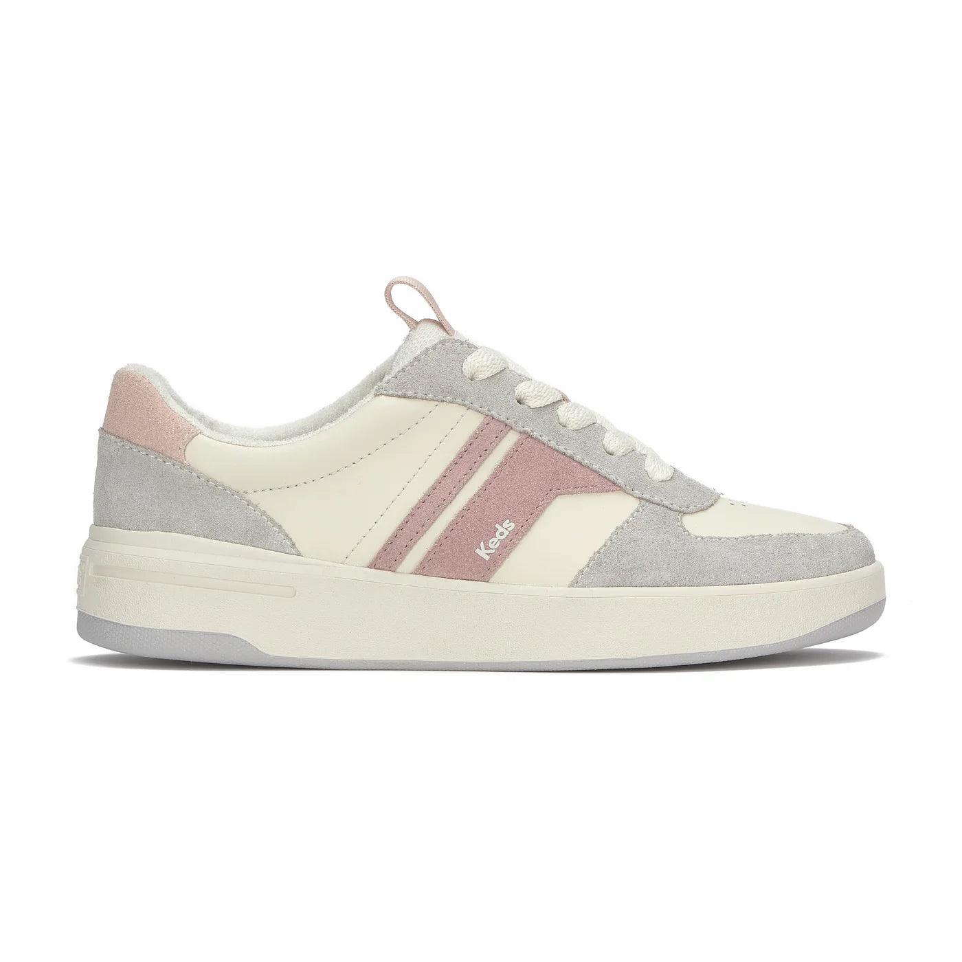 Keds The Court II leather suede grey mauve sneakers side view classic tennis shoe inspired design lightweight cushioned comfortable lace up casual women’s fashion shoes