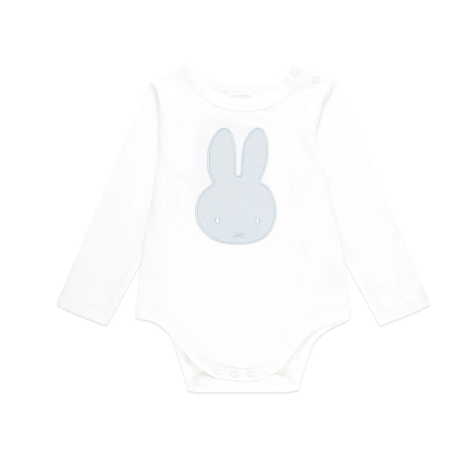 White baby bodysuit with long sleeves and a light blue Miffy bunny applique on the chest