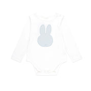 White baby bodysuit with long sleeves and a light blue Miffy bunny applique on the chest