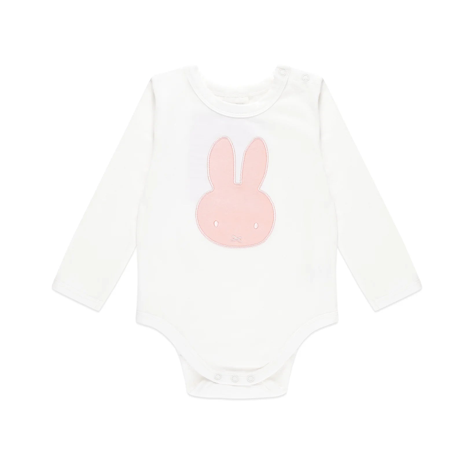 White long-sleeve baby bodysuit with a soft pink Miffy bunny applique on the chest, featuring snap buttons at the shoulder and crotch.