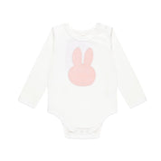 White long-sleeve baby bodysuit with a soft pink Miffy bunny applique on the chest, featuring snap buttons at the shoulder and crotch.