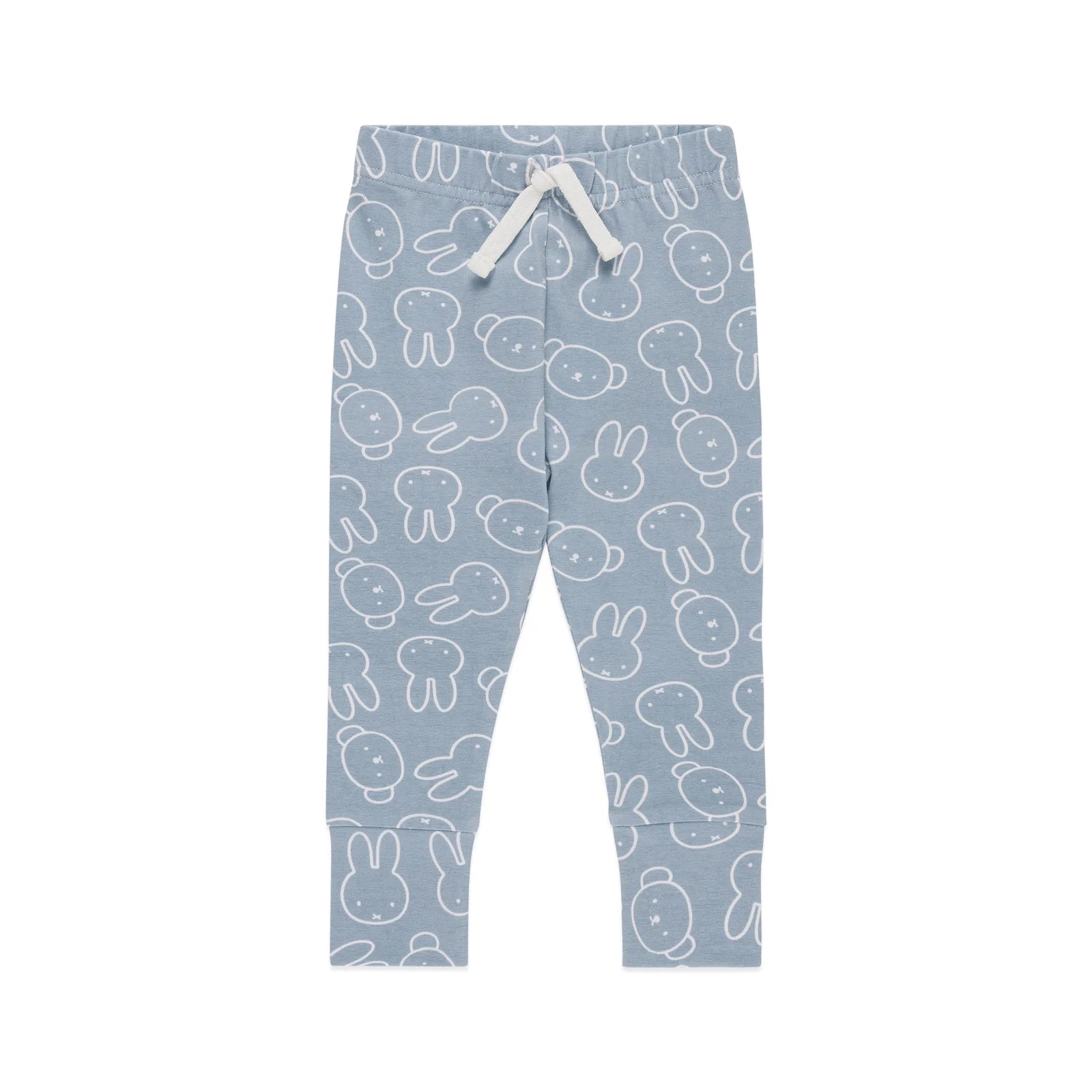 Kynd Baby Miggy Leggings in moody blue with white Miffy bunny print, front view.