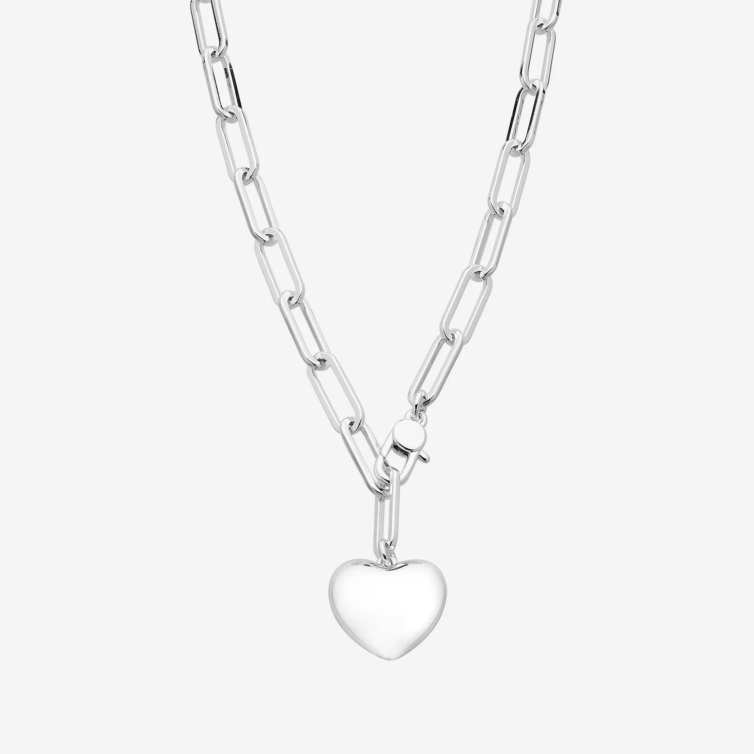 LIBERTE Lotte Silver Heart Necklace, chunky chain link necklace with polished silver heart pendant, product close-up