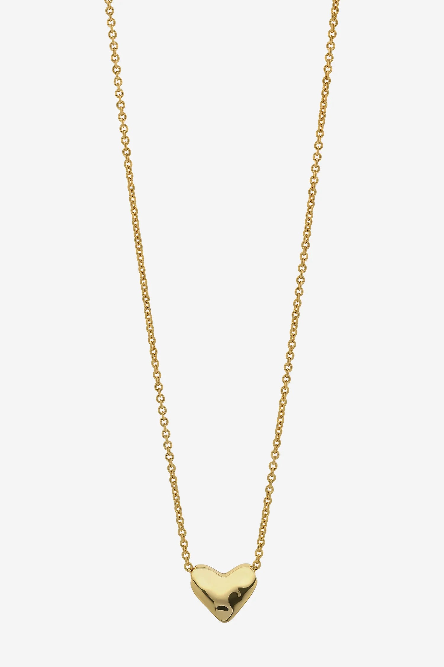 Close-up of the LIBERTE Mariel Soft Gold Heart Necklace featuring a delicate gold chain with a soft, rounded gold heart pendant.
