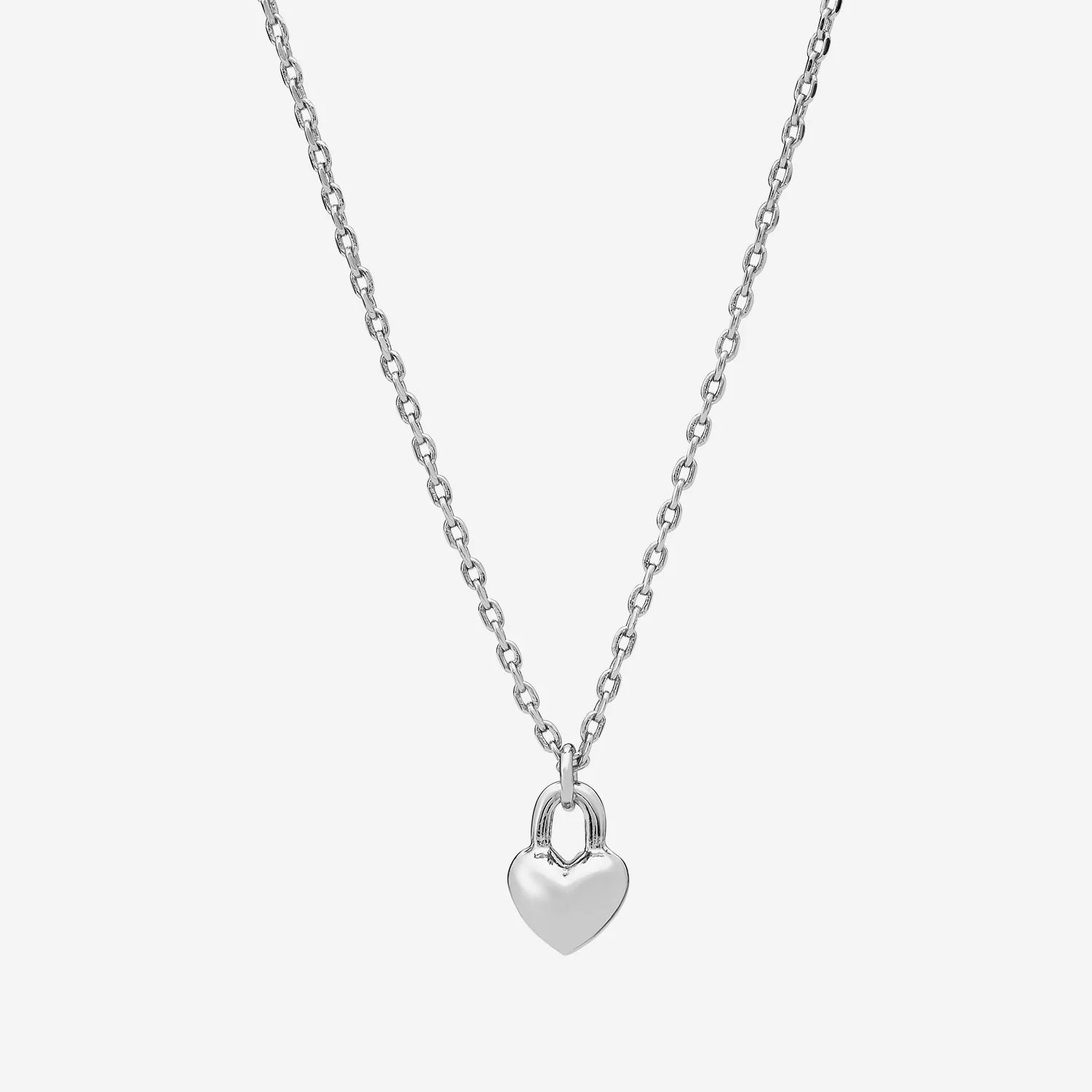 LIBERTE Winnie Silver Heart Necklace, fine chain necklace with polished silver heart lock pendant, product close-up