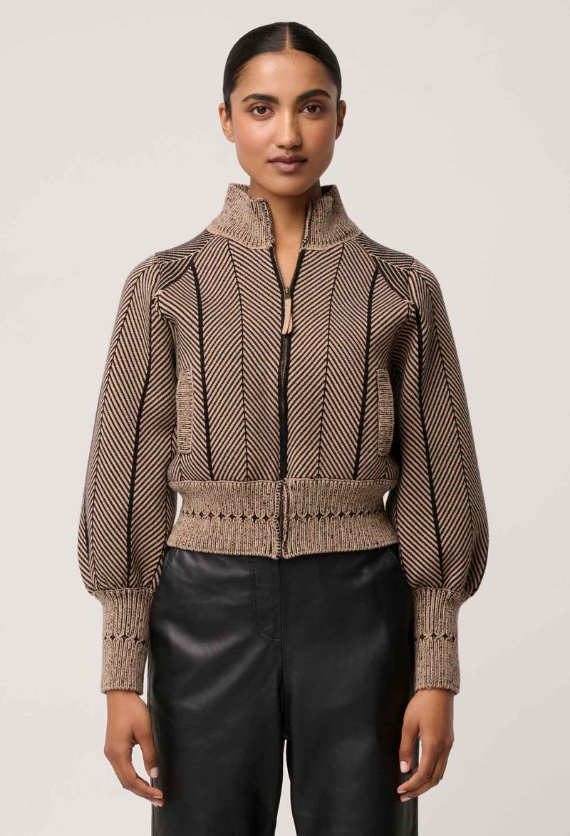 Jeanne Wool Blend Textured Knit Bomber Jacket in Tan Chevron