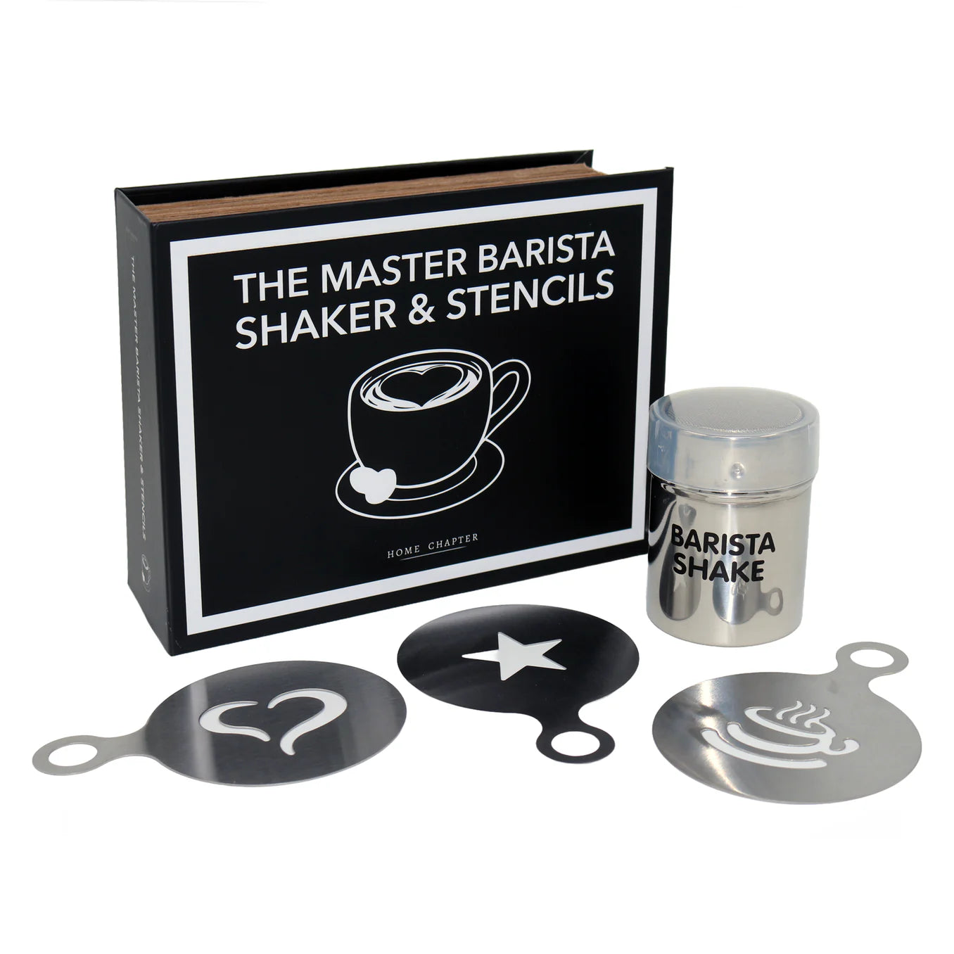 The Master Barista Shaker & Stencils Book Box packaging with shaker and coffee stencils included