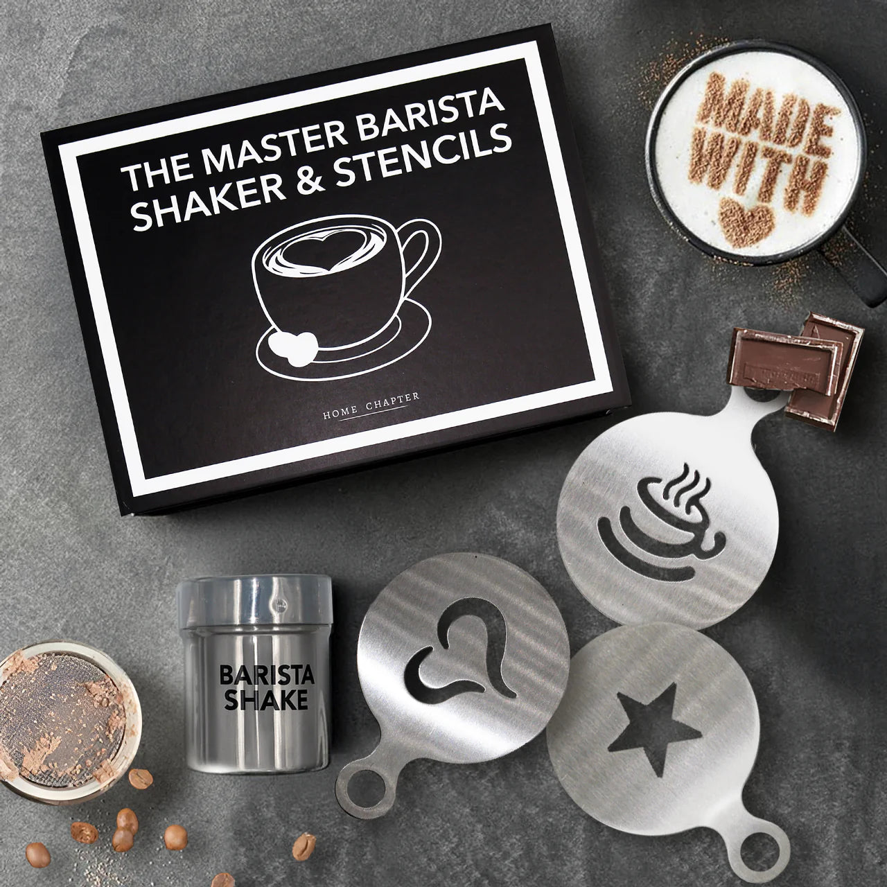 The Master Barista Shaker & Stencils Book Box, complete coffee stencil gift set with stainless steel shaker and latte art stencils