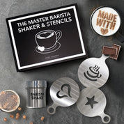 The Master Barista Shaker & Stencils Book Box, complete coffee stencil gift set with stainless steel shaker and latte art stencils