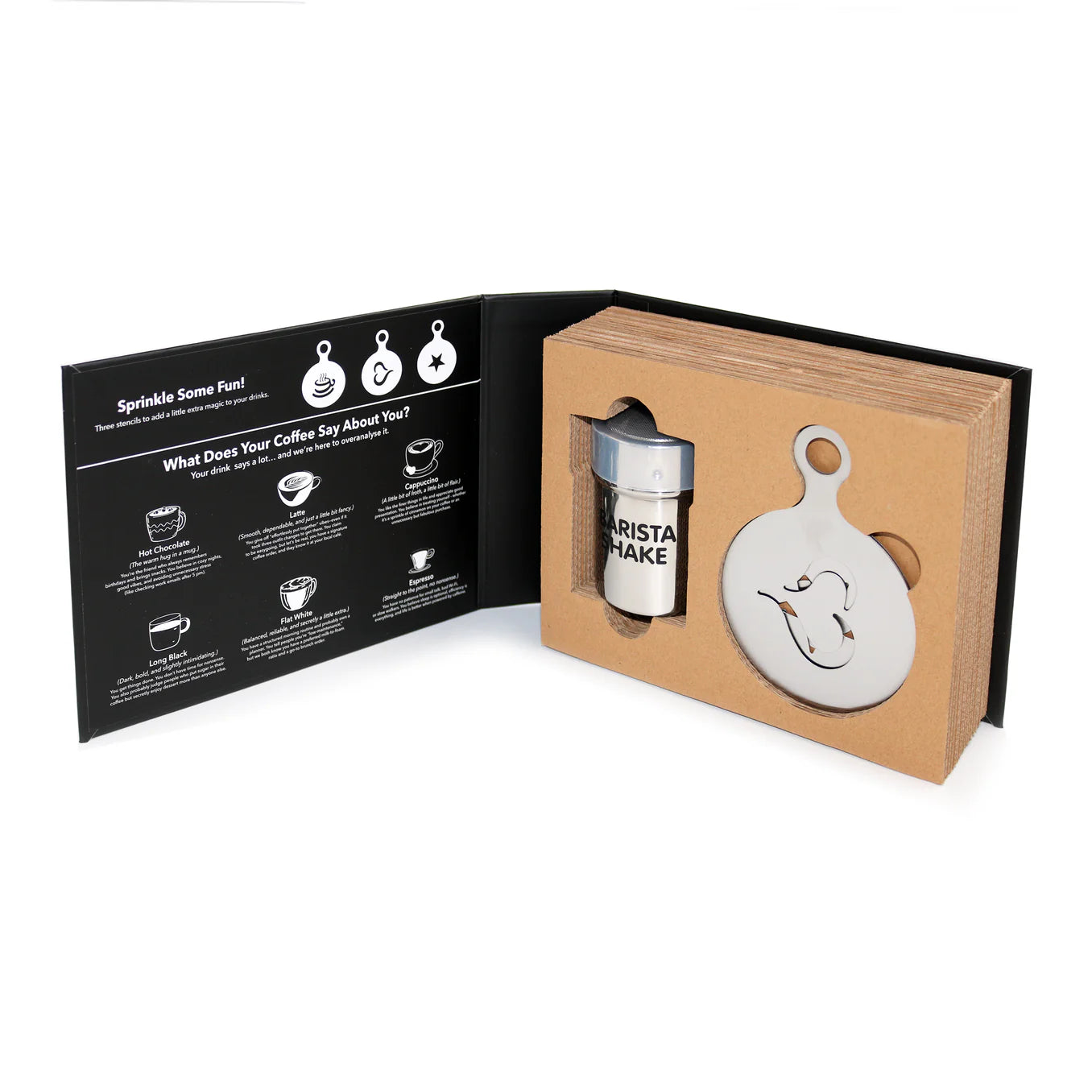 The Master Barista Shaker & Stencils Book Box open, showing stainless steel shaker and reusable coffee art stencils