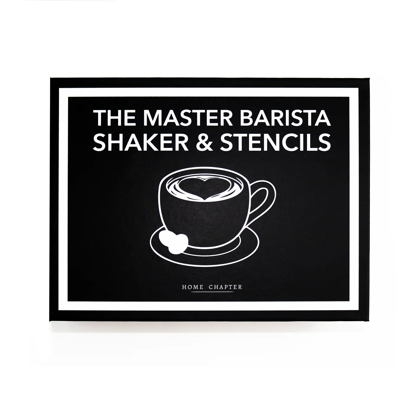 The Master Barista Shaker & Stencils Book Box closed, stylish black gift packaging for coffee lovers