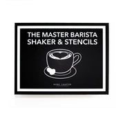 The Master Barista Shaker & Stencils Book Box closed, stylish black gift packaging for coffee lovers
