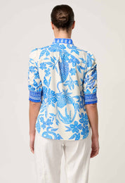 Model wearing ONCE WAS Calantha viscose dobby rouched sleeve shirt in azure mosaic back view