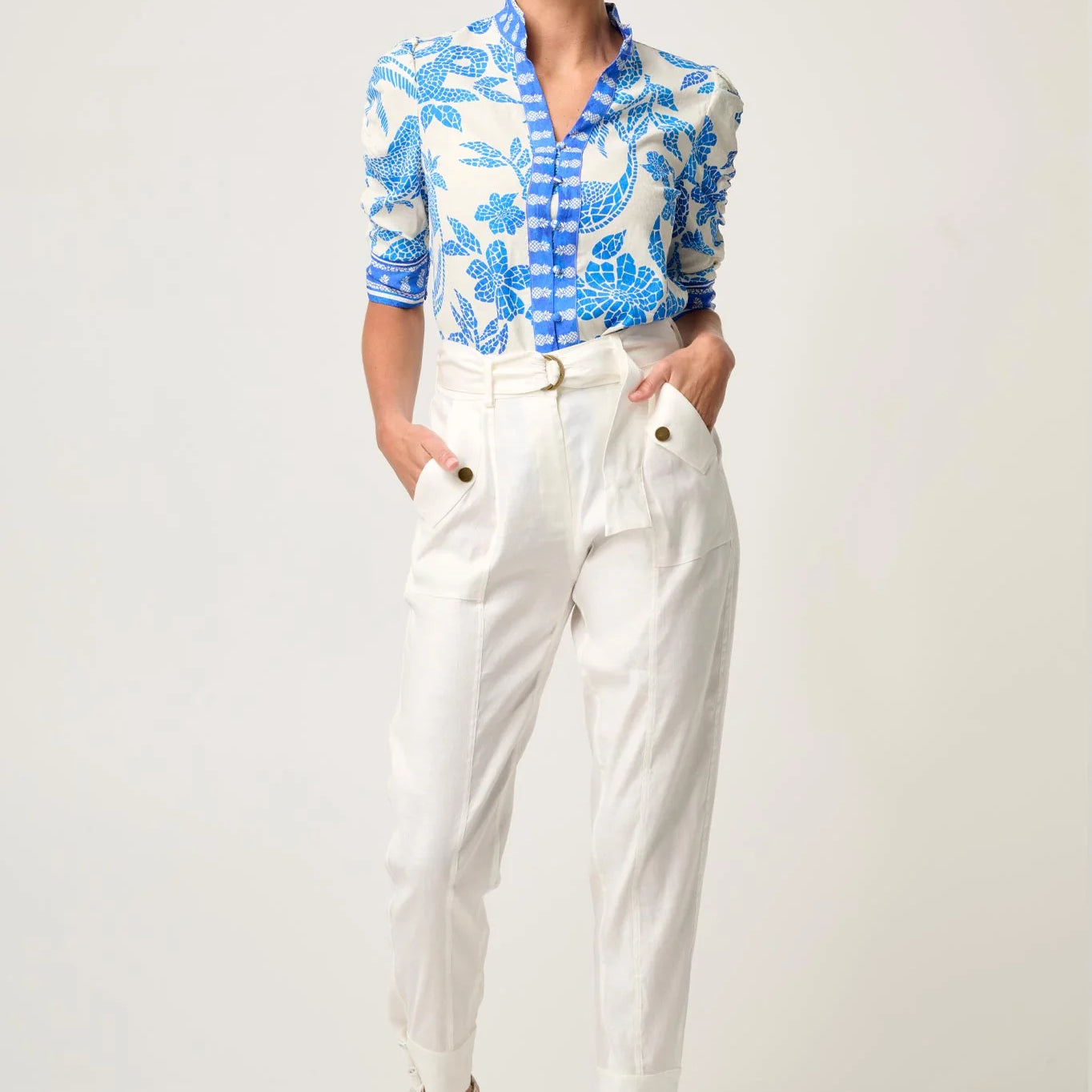 Model wearing ONCE WAS Calantha viscose dobby rouched sleeve shirt in azure mosaic front view