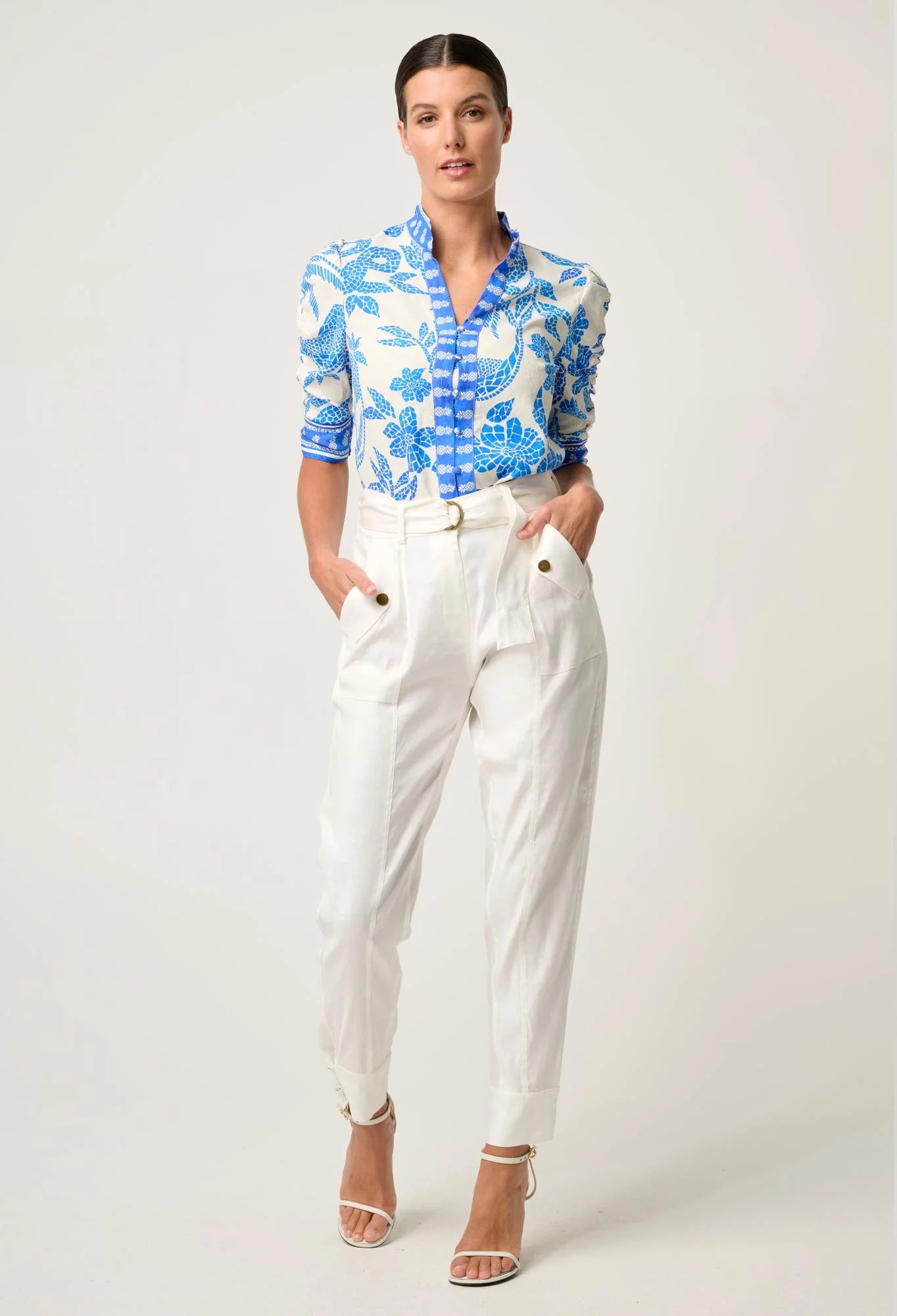 Model wearing ONCE WAS Calantha viscose dobby rouched sleeve shirt in azure mosaic front view