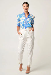 Model wearing ONCE WAS Calantha viscose dobby rouched sleeve shirt in azure mosaic front view