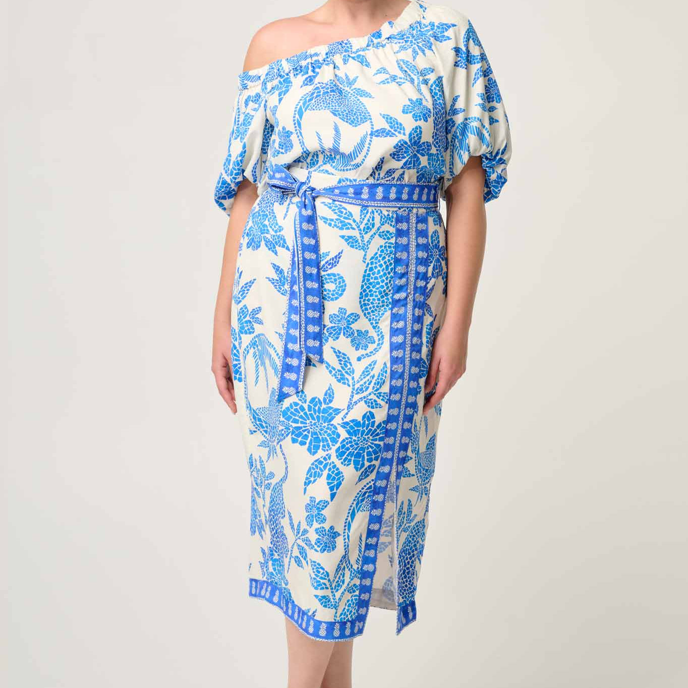 Model wearing ONCE WAS Carmen silk cotton maxi dress in azure mosaic front view