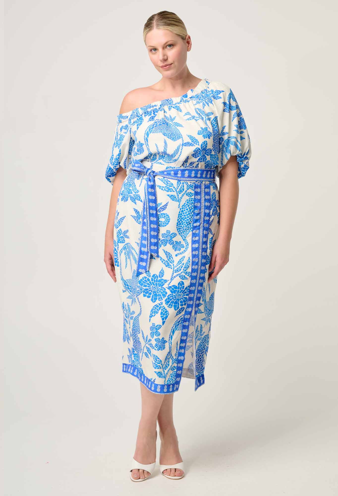 Model wearing ONCE WAS Carmen silk cotton maxi dress in azure mosaic front view
