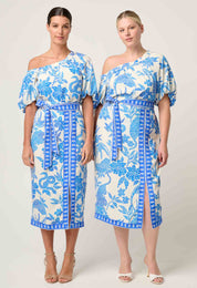 Two models wearing ONCE WAS Carmen silk cotton maxi dress in azure mosaic