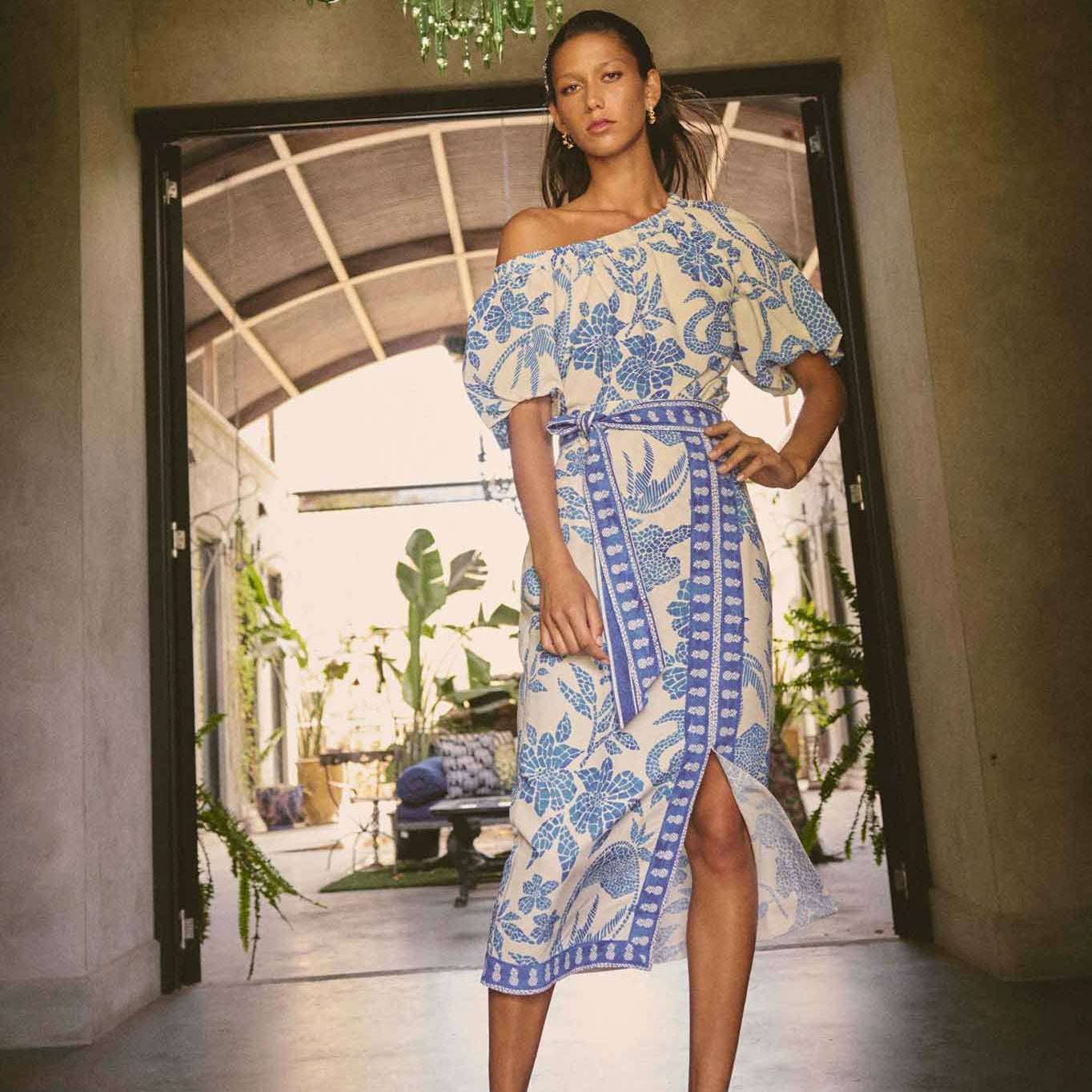 Model wearing ONCE WAS Carmen silk cotton maxi dress in azure mosaic