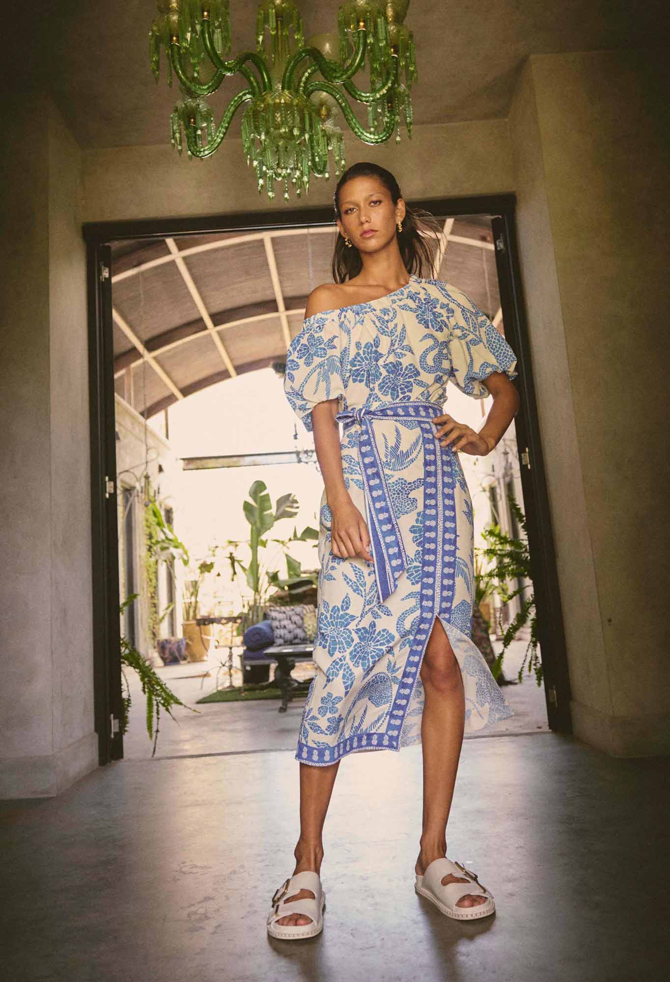 Model wearing ONCE WAS Carmen silk cotton maxi dress in azure mosaic
