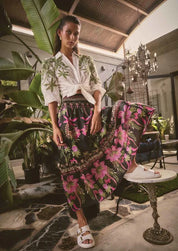 Once Was Cordelia Placement print shirted waist silk cotton skirt