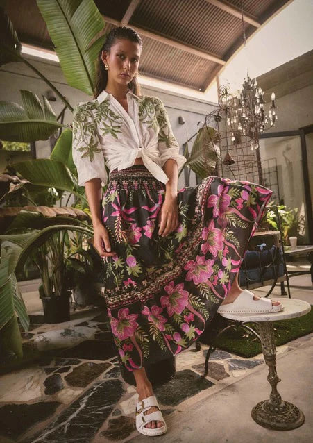 Once Was Cordelia Placement print shirted waist silk cotton skirt