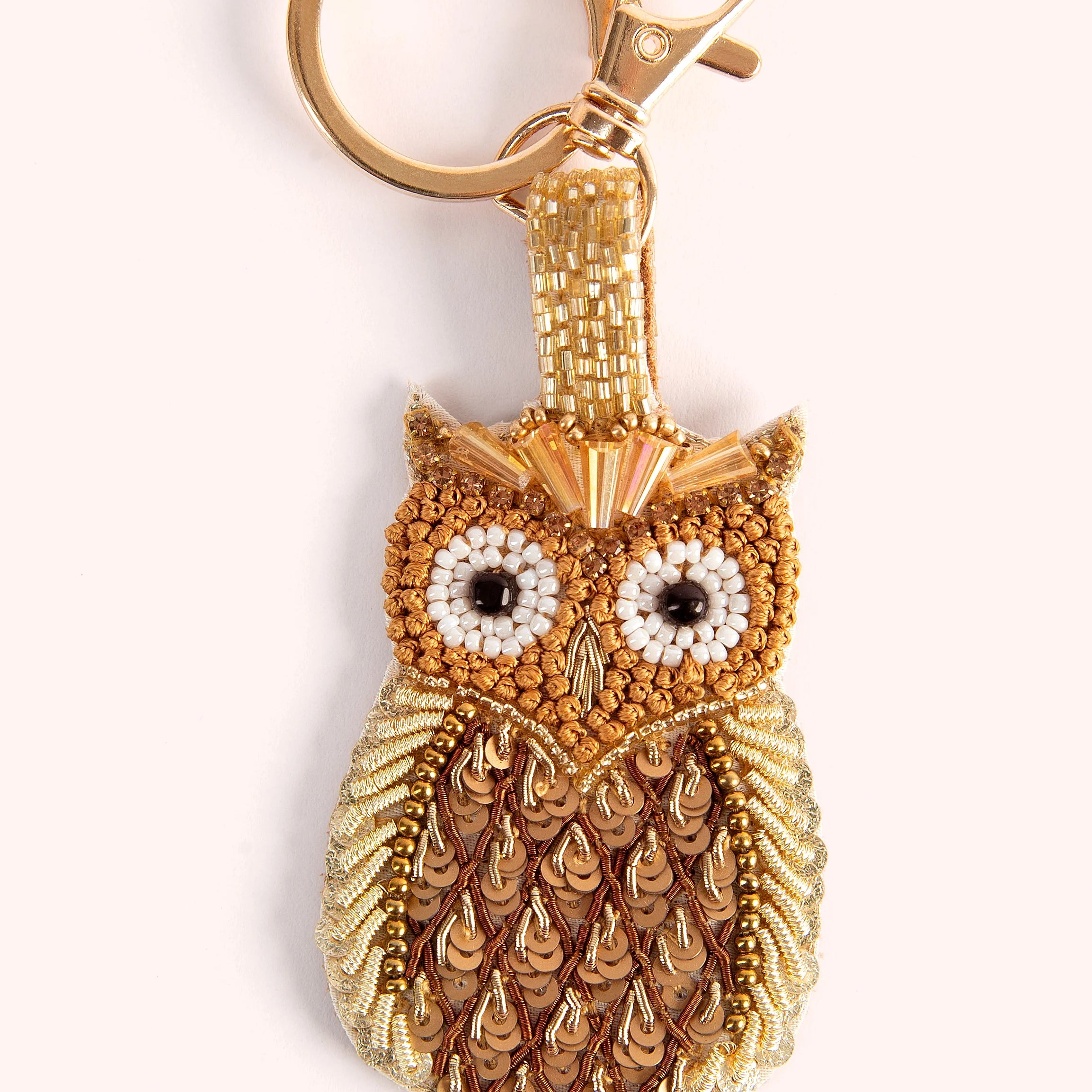 POWDER beaded golden owl keyring with gold ring and clasp