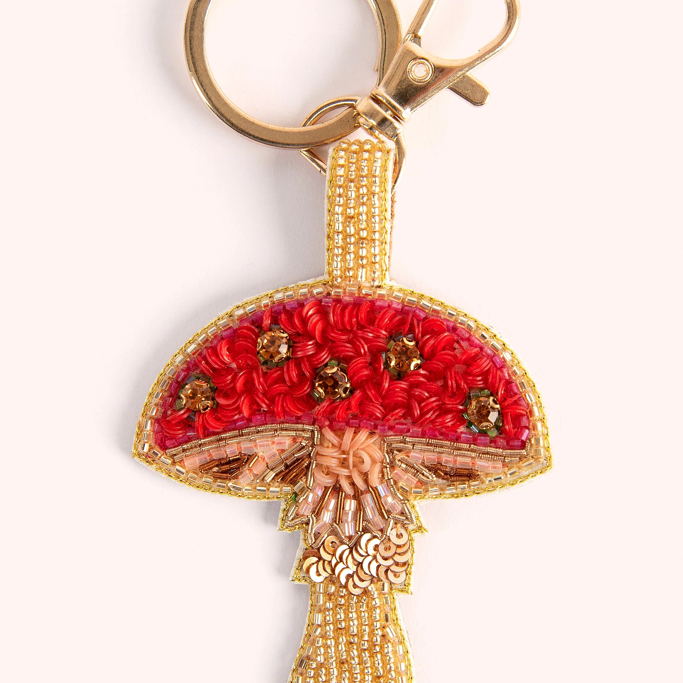 POWDER beaded toadstool keyring with gold ring and clasp