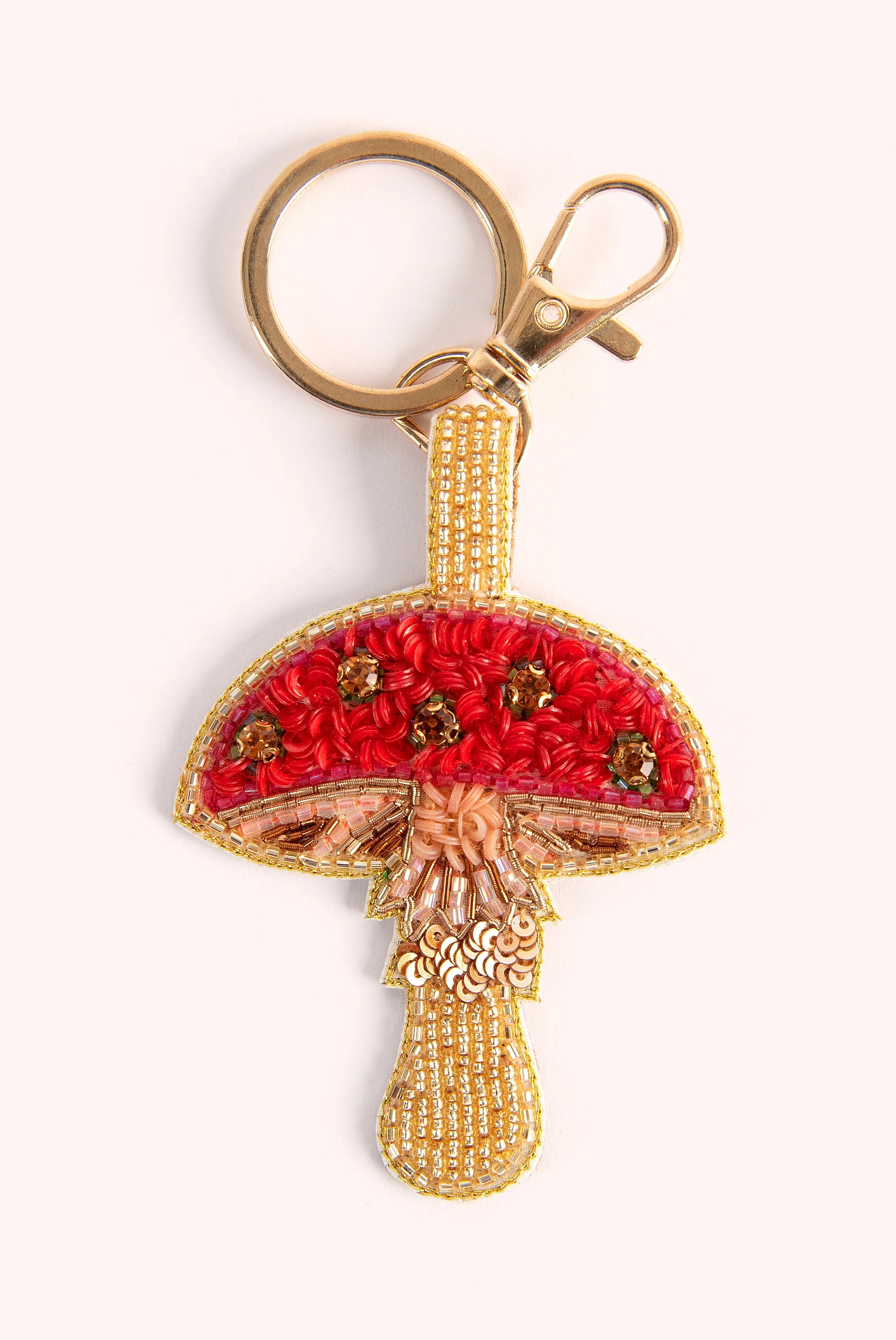 POWDER beaded toadstool keyring with gold ring and clasp
