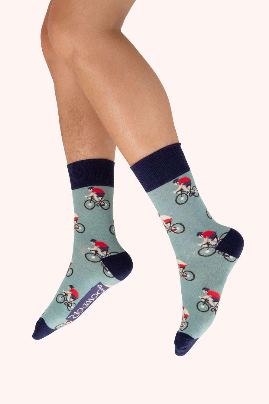 Powder men’s socks in ice blue with racing bikes pattern and navy accents